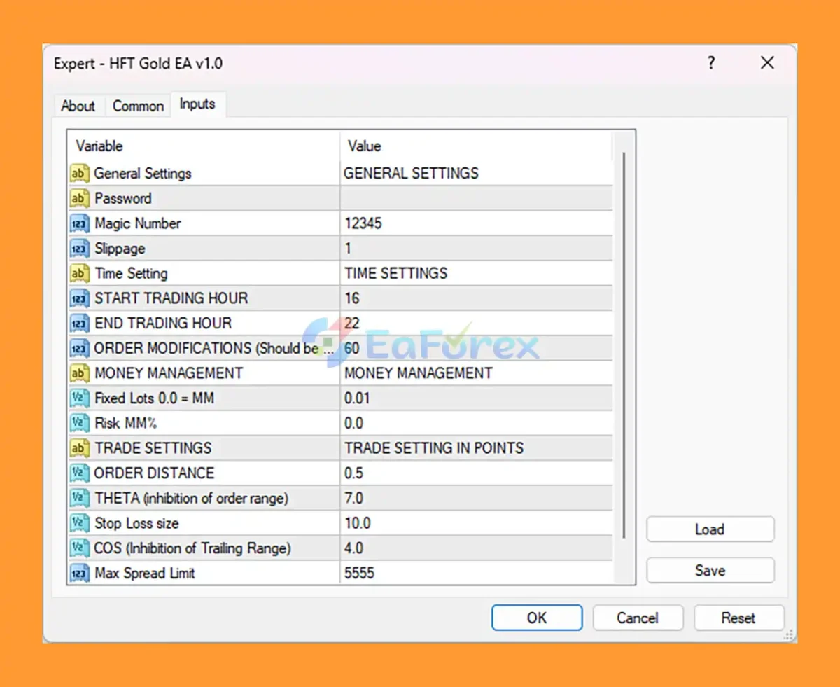 HFT Gold EA v1.0 Source Code MQ4 setting