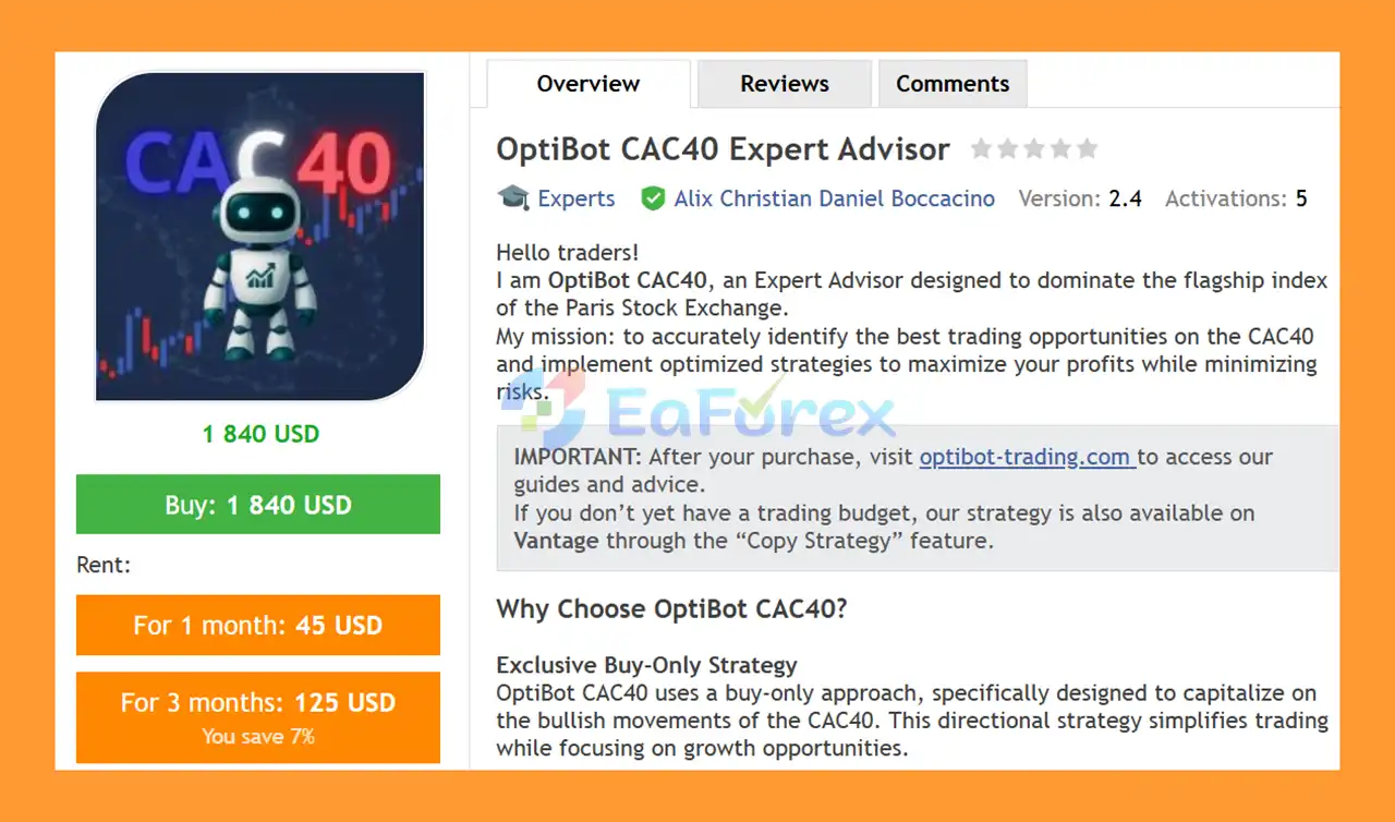 OptiBot CAC40 Expert Advisor MT5 Overview