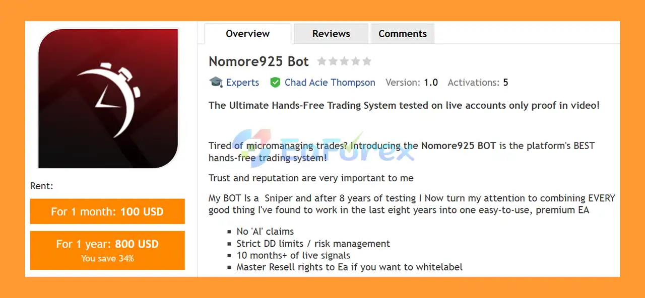Nomore925 Bot MT4 Overview