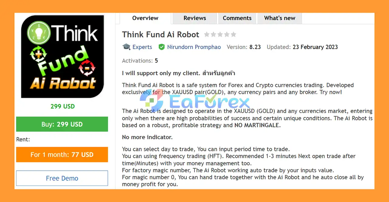 Think Fund Ai Robot EA MT4 Overview