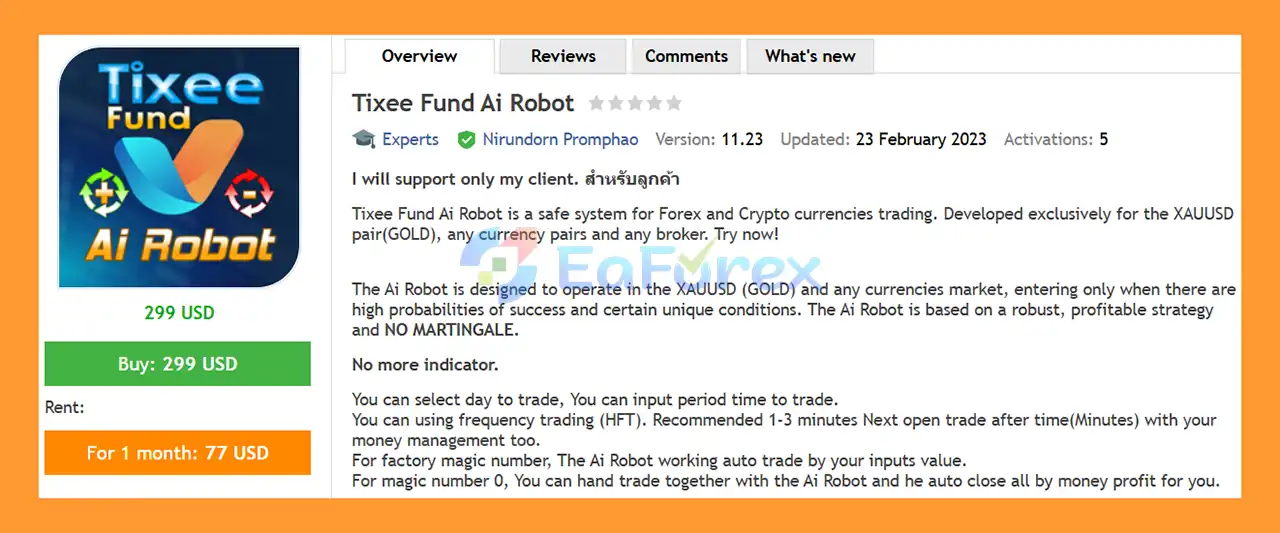 Tixee Fund Ai Robot EA MT4 Overview