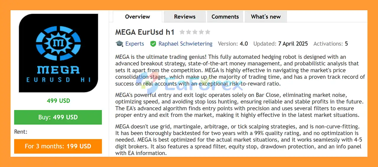 MEGA EurUsd h1 EA MT4 Overview