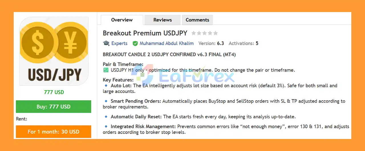 Breakout Premium USDJPY EA MT4 Overview