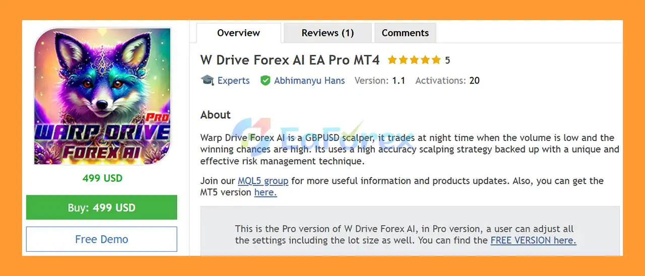 W Drive Forex AI EA Pro MT4 Overview