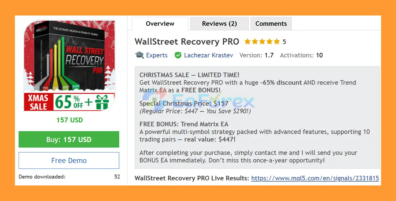 WallStreet Recovery PRO EA MT4 Overview