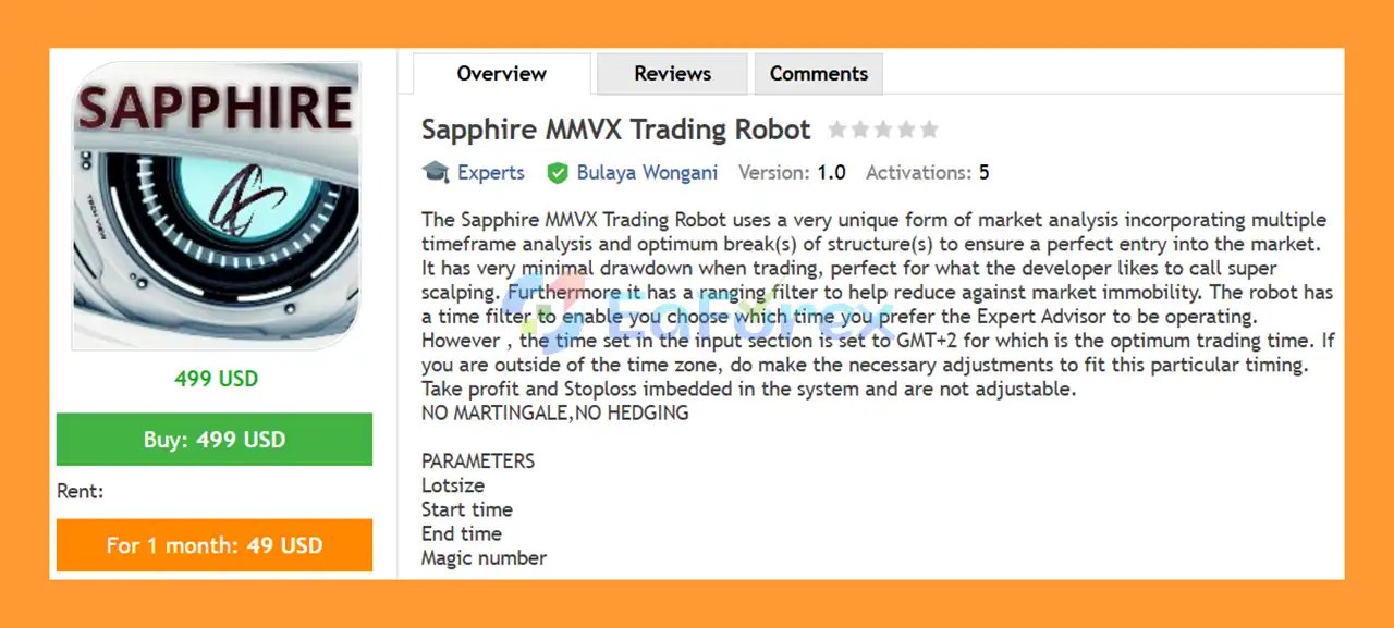 Sapphire MMVX Trading Robot EA MT4 Overview