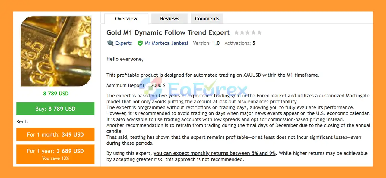 Gold M1 Dynamic Follow Trend Expert MT4 Overview