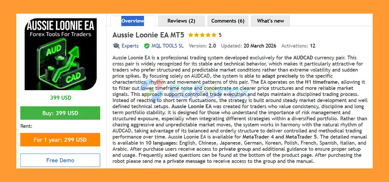Aussie Loonie EA MT5 Overview