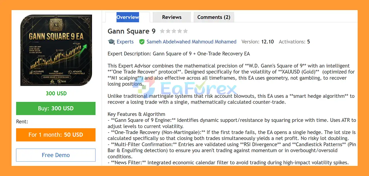 Gann Square 9 EA MT4 Overview