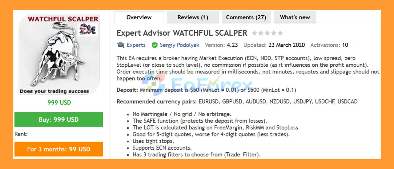 Expert Advisor WATCHFUL SCALPER MT4 Overview