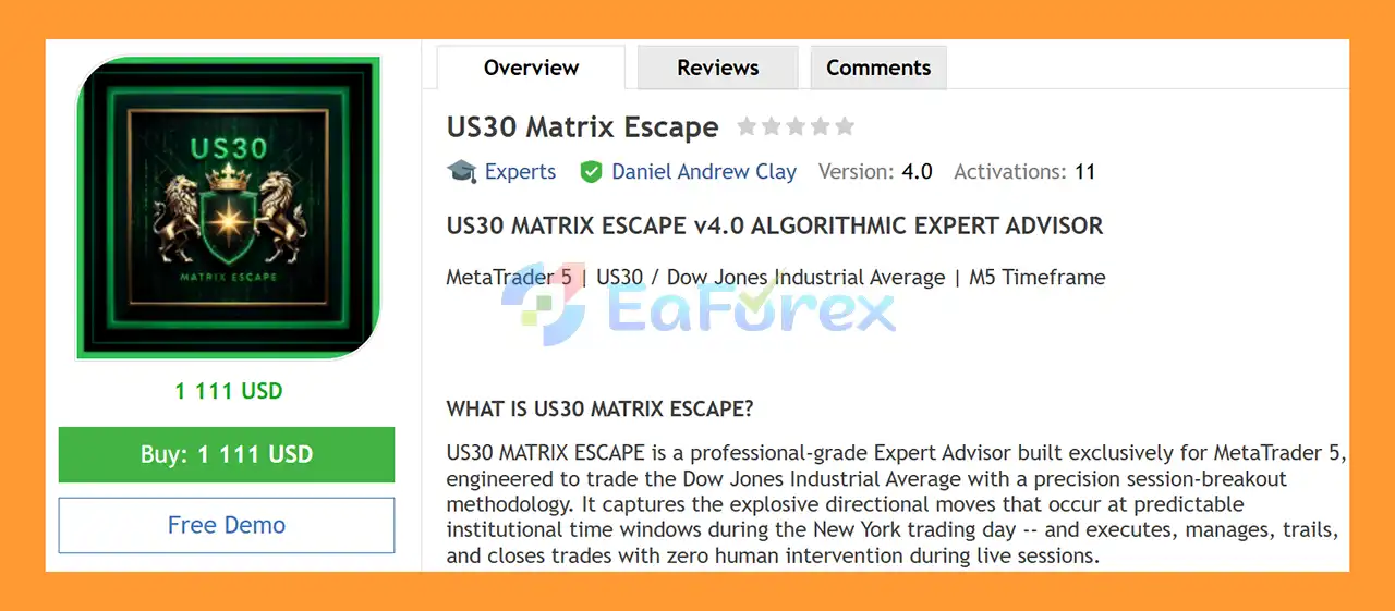 US30 Matrix Escap EA MT5 Overview