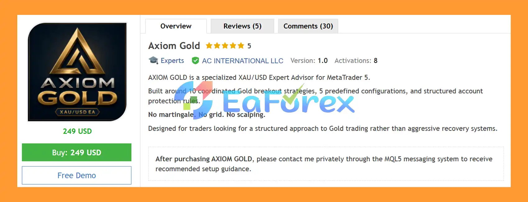 Axiom Gold EA MT5 Overview