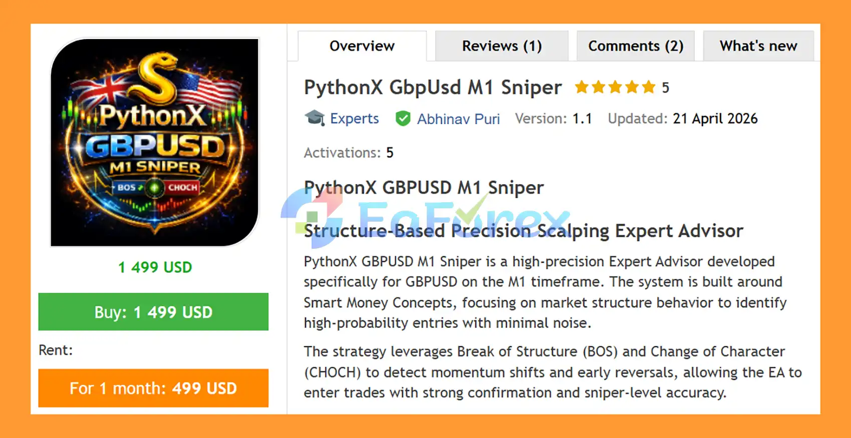 PythonX GbpUsd M1 Sniper EA MT5 Overview