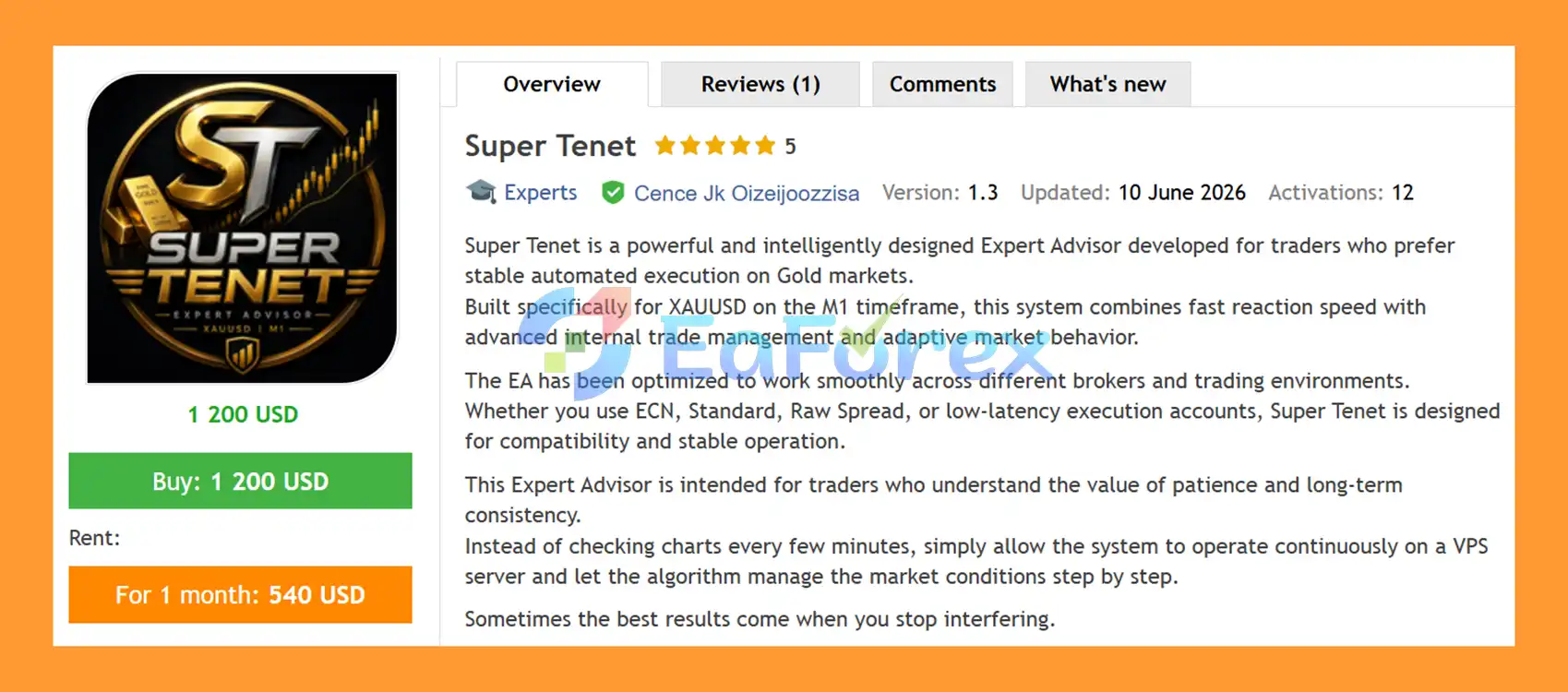 Super Tenet EA MT5 Overview