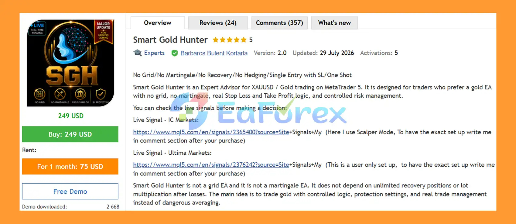Smart Gold Hunter MT5 Overview
