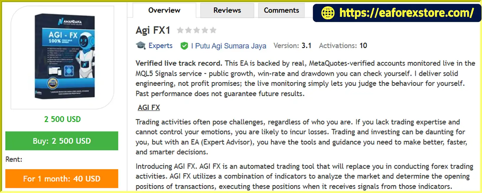 AGI FX1 EA MQ4 Overview