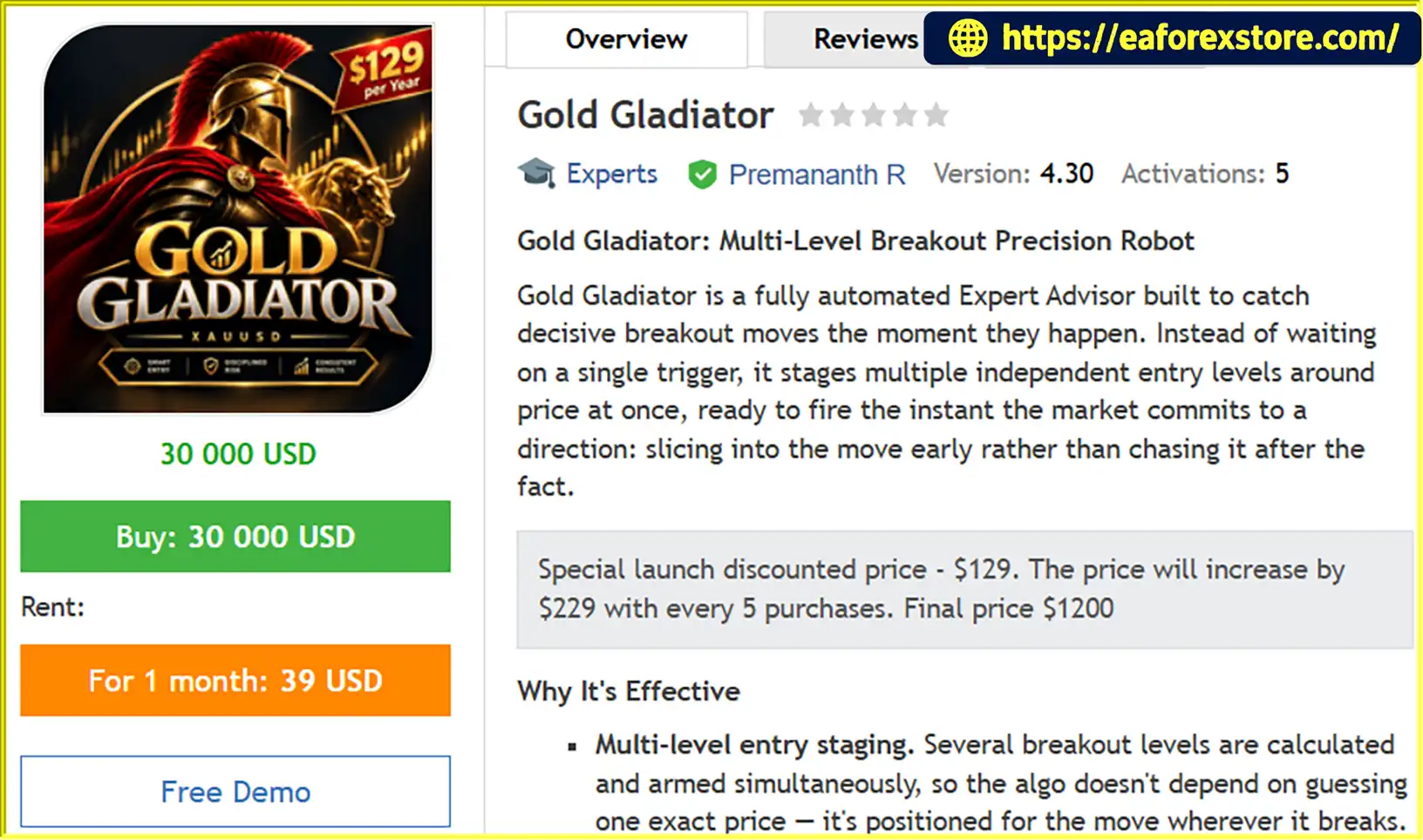 Gold Gladiator EA MT5 Overview