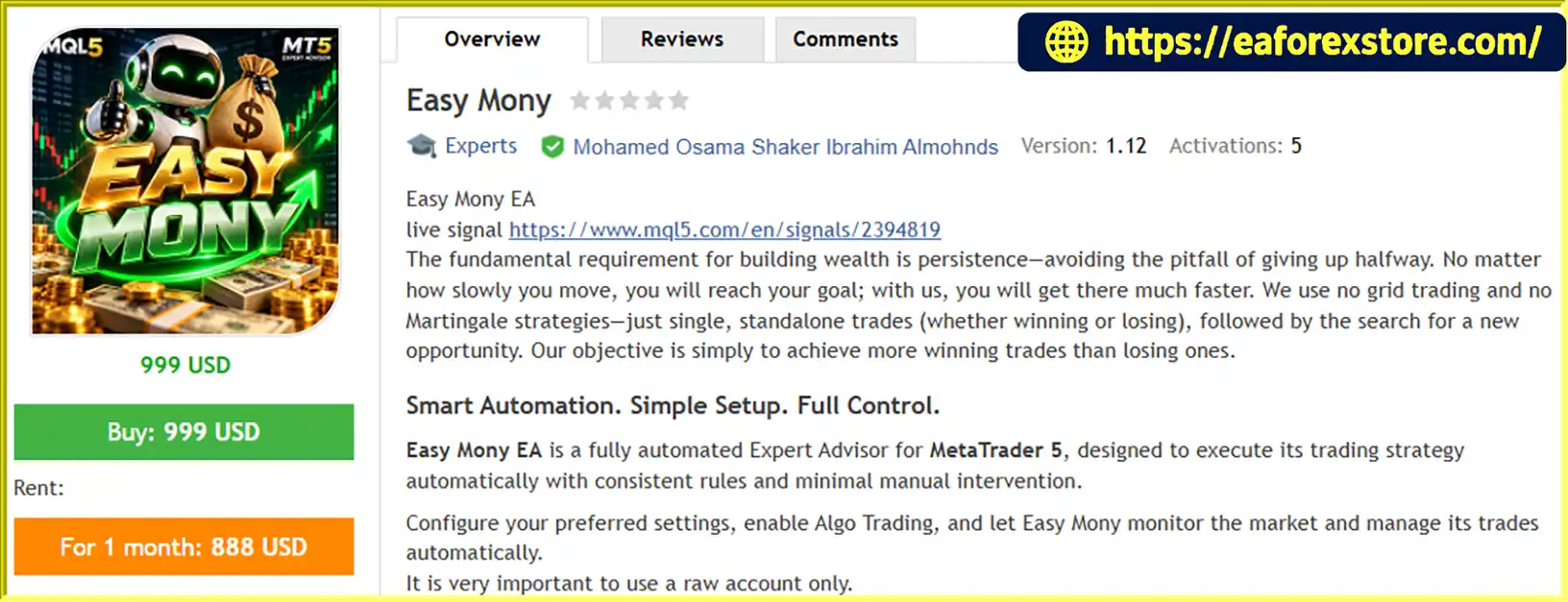 Easy Mony EA MT5 Overview
