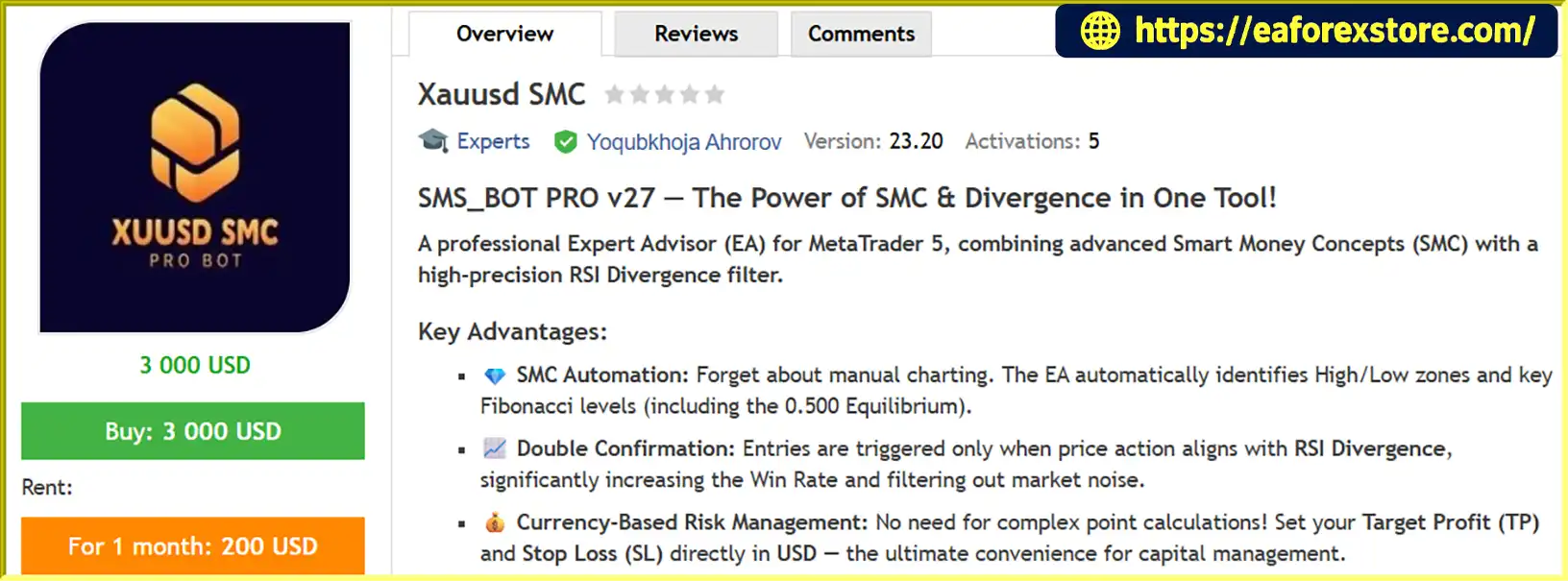XAUUSD SMC EA MT5 Overview